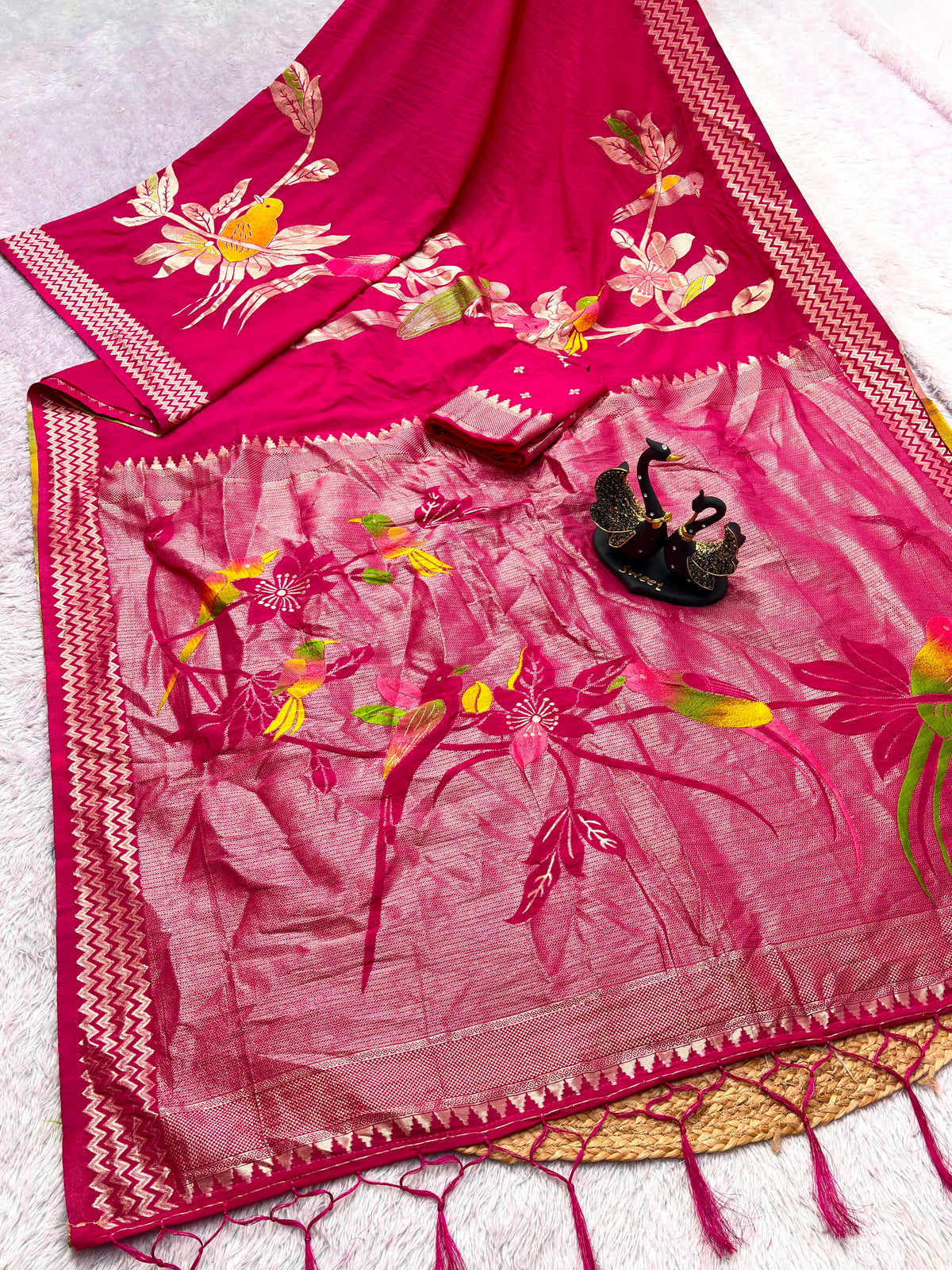 Khadi Crepe Silk Hand-Dyed Saree with Bird Motifs and Fancy Latkans