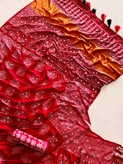 Original Gaji Silk Saree with Lagdi Patta and Full Mirror Work