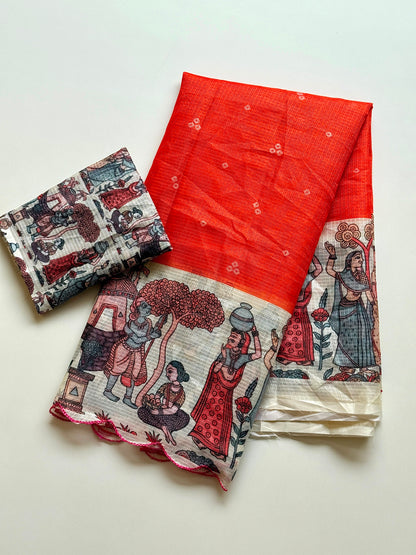 Madhubani Folk Art Printed Kota Chex Saree with Arco Cutwork Border
