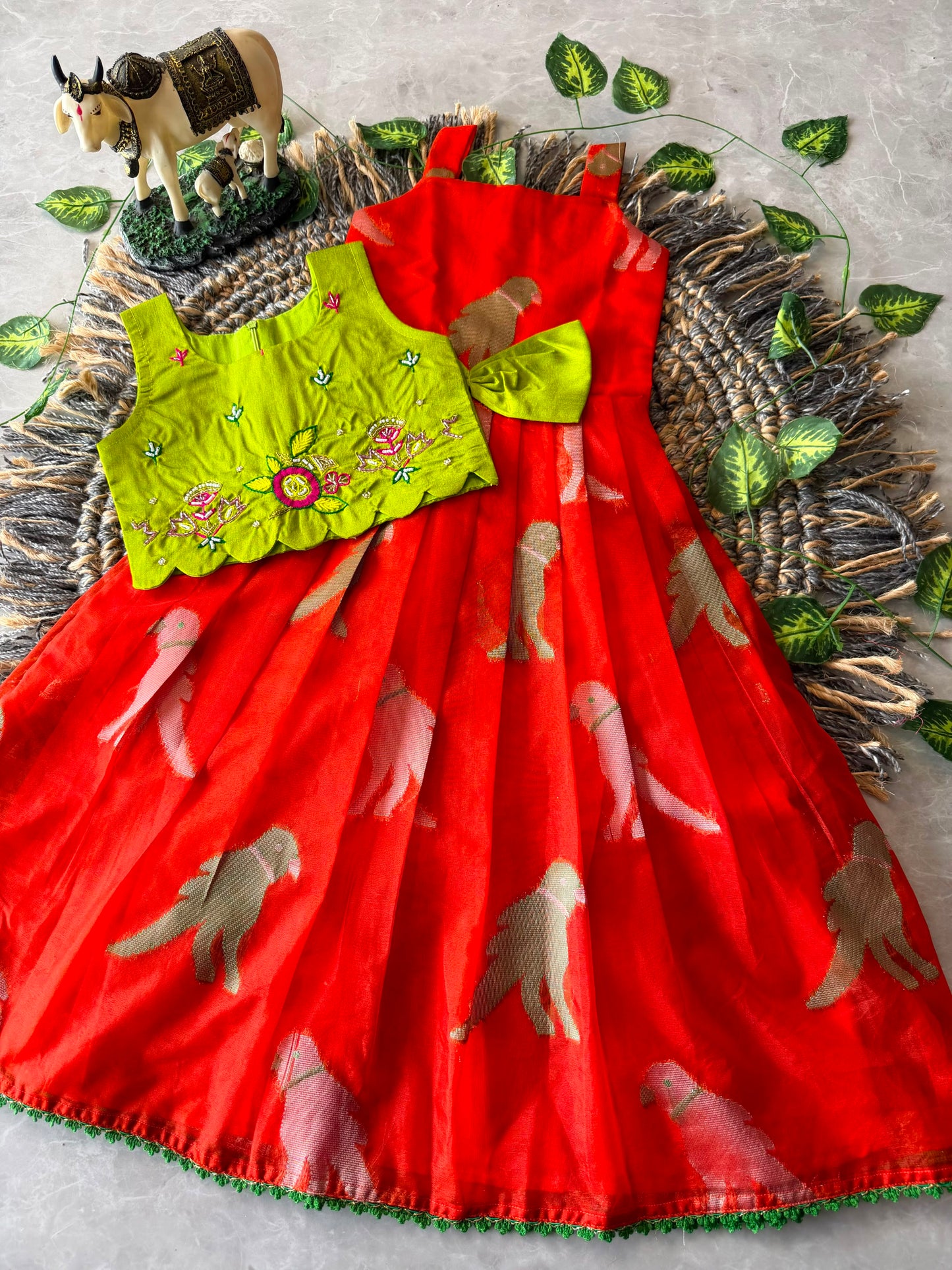 Little Princess Bird Motif Festive Gown with Raw Silk Coat