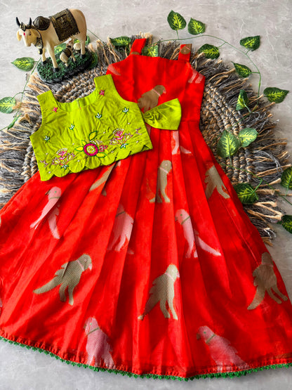 Little Princess Bird Motif Festive Gown with Raw Silk Coat