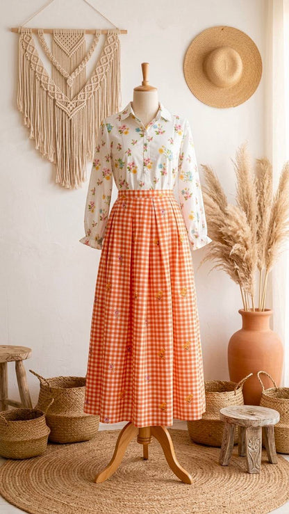 Soft Cotton Checked Print Maxi Dress with Floral Details