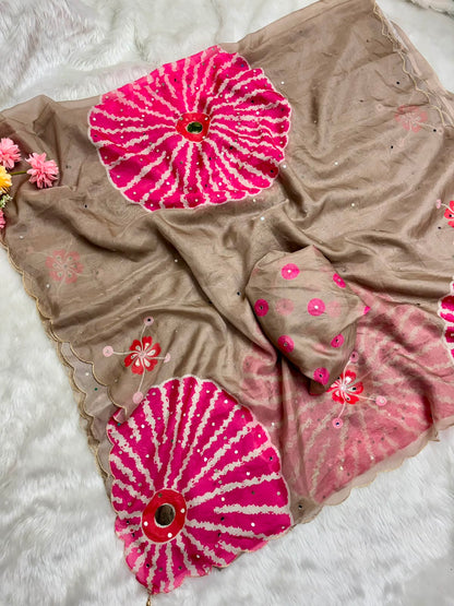 Soft Tabi Saree with Digital Print, Mirror Handwork and Cutwork Border