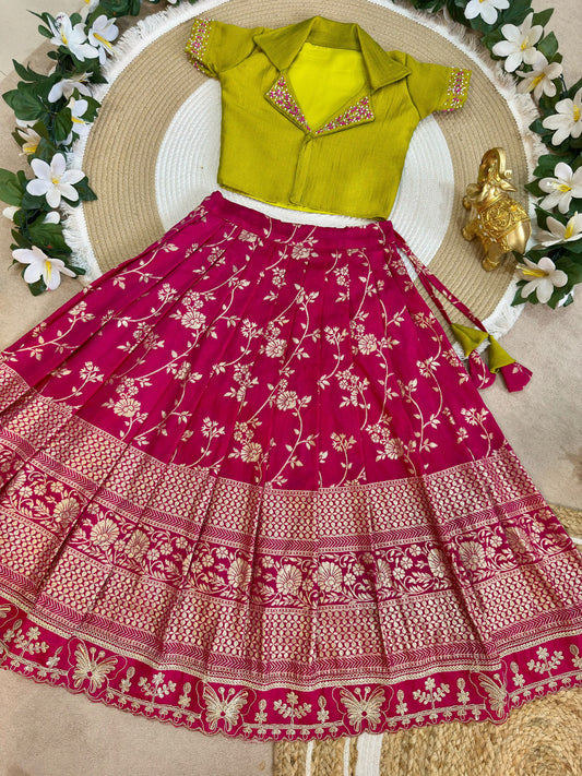 Royal Trio Contrast Kids Lehenga Choli with Floral Zari Work