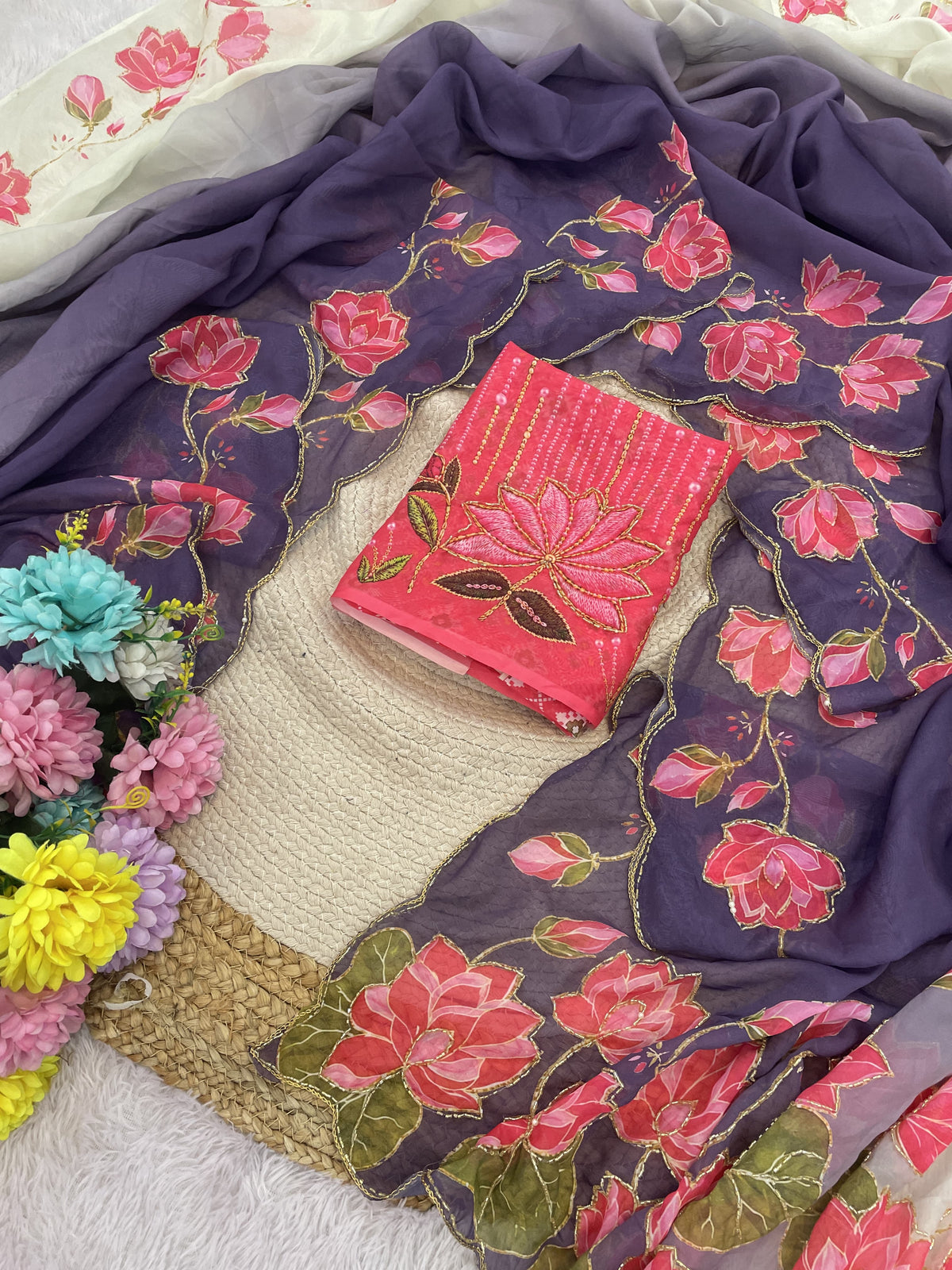 TeBy Silk Floral Digital Print Saree with Cutdana Khatli Work