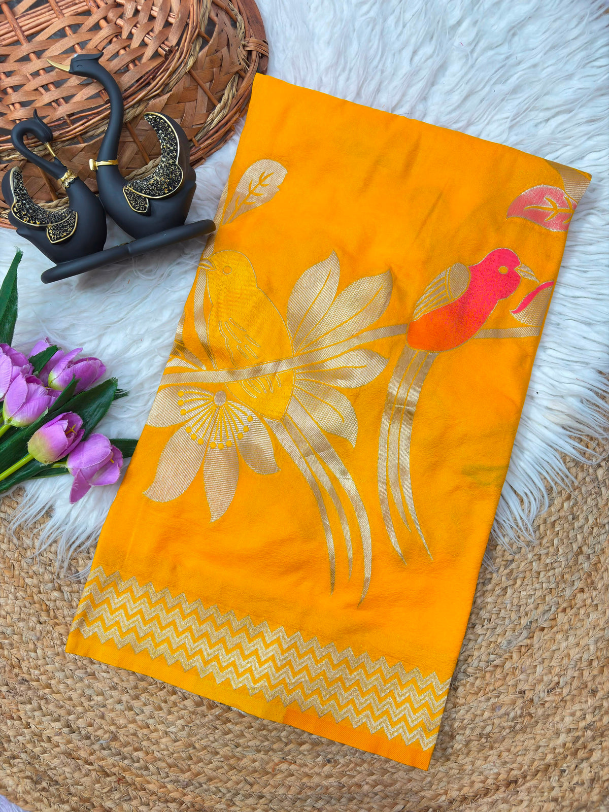 Khadi Crepe Silk Hand-Dyed Saree with Bird Motifs and Fancy Latkans