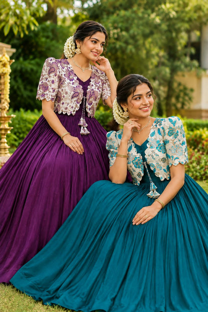 Royal Garden Vichitra Gown with Floral Printed Coat Set