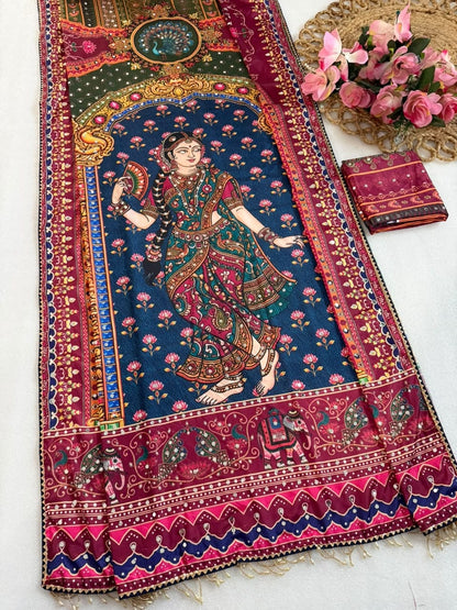 Rashmika Soft Japan Crepe Geruva Print Saree with Mirror Work and Latkans