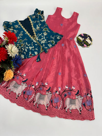 Girls Pichwai Embroidery Gown with Soft Nylon Dola Silk Overcoat