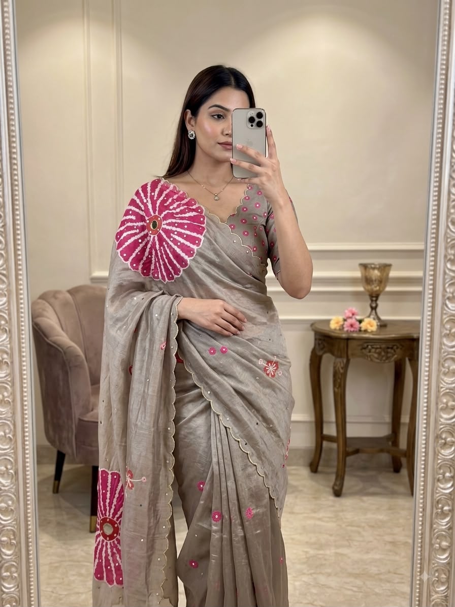 Soft Tabi Saree with Digital Print, Mirror Handwork and Cutwork Border
