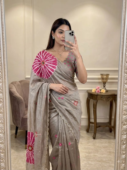 Soft Tabi Saree with Digital Print, Mirror Handwork and Cutwork Border
