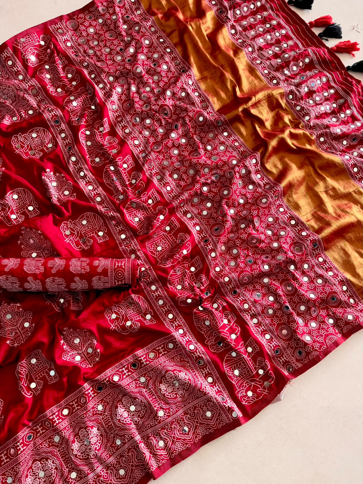 Original Gaji Silk Saree with Lagdi Patta and Full Mirror Work
