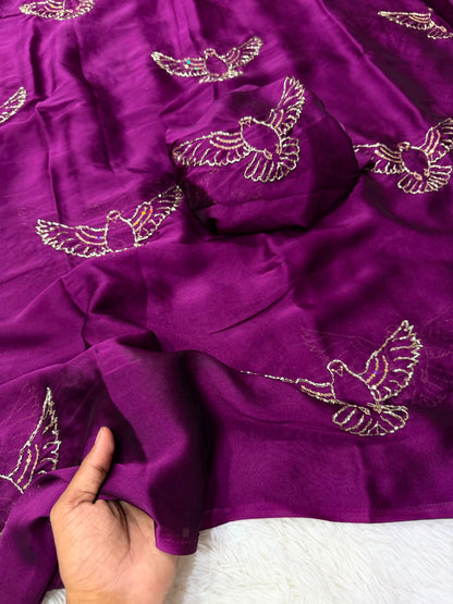 Soft Silk Saree with All-Over Bird Embroidery and Running Blouse