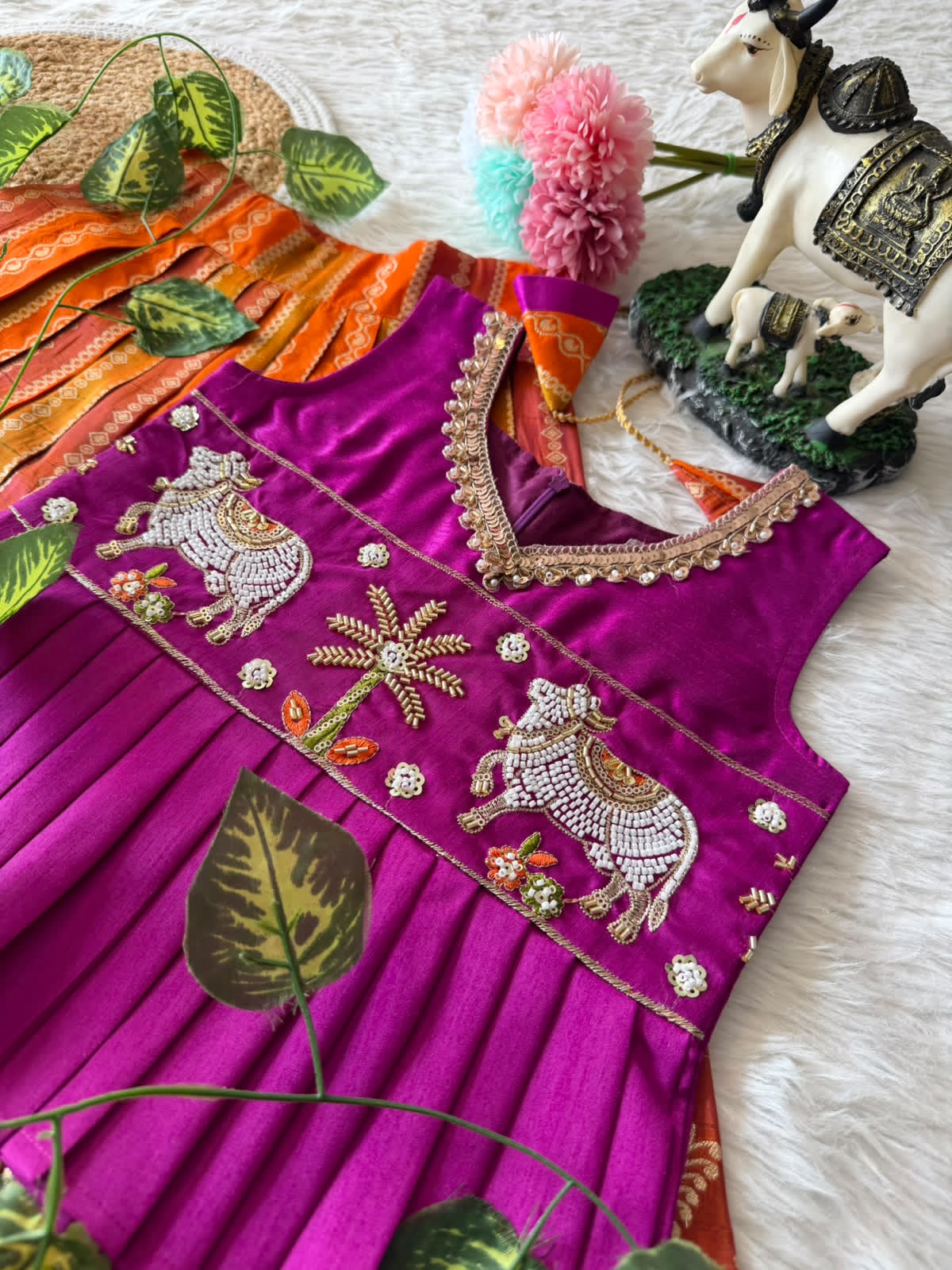 Kids Pattu Pavadai Sattai with Pichwai Work and Tissue Strip Skirt