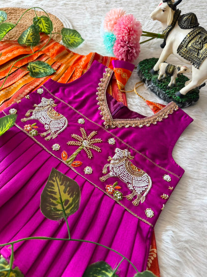Kids Pattu Pavadai Sattai with Pichwai Work and Tissue Strip Skirt