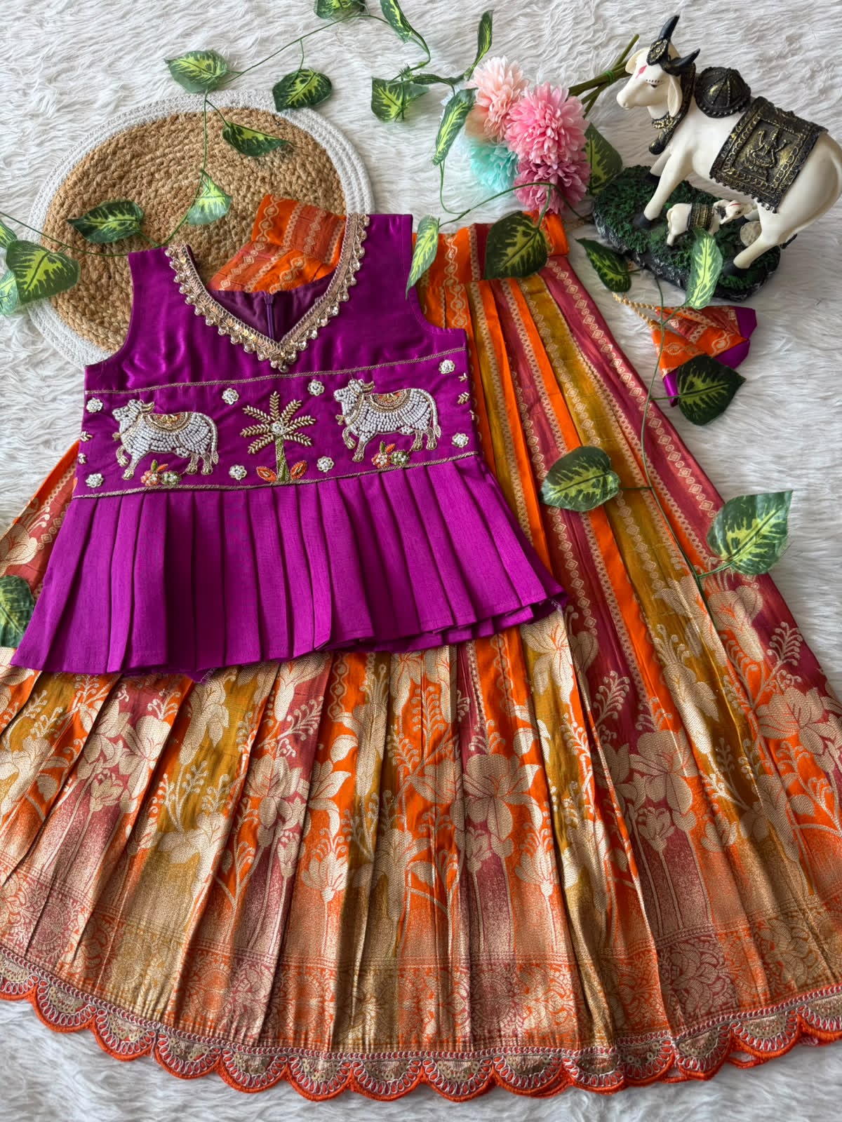 Kids Pattu Pavadai Sattai with Pichwai Work and Tissue Strip Skirt
