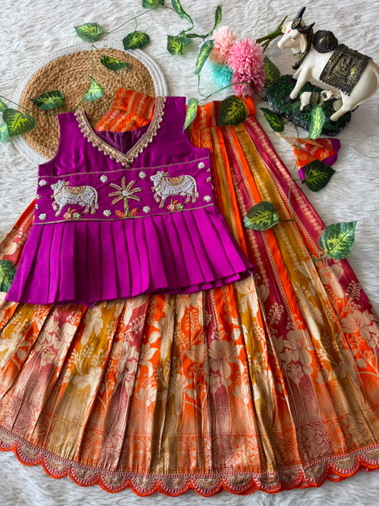 Kids Pattu Pavadai Sattai with Pichwai Work and Tissue Strip Skirt
