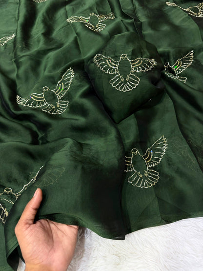 Soft Silk Saree with All-Over Bird Embroidery and Running Blouse
