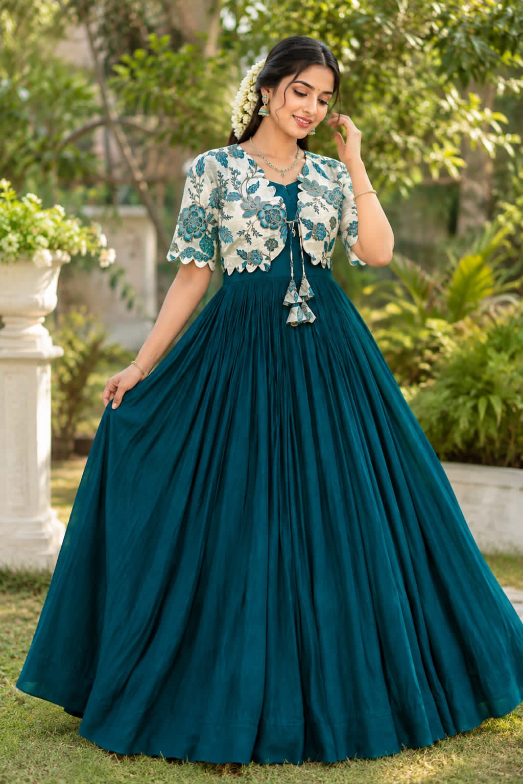 Royal Garden Vichitra Gown with Floral Printed Coat Set