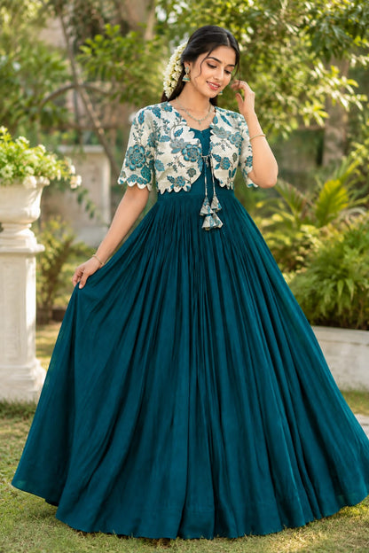 Royal Garden Vichitra Gown with Floral Printed Coat Set