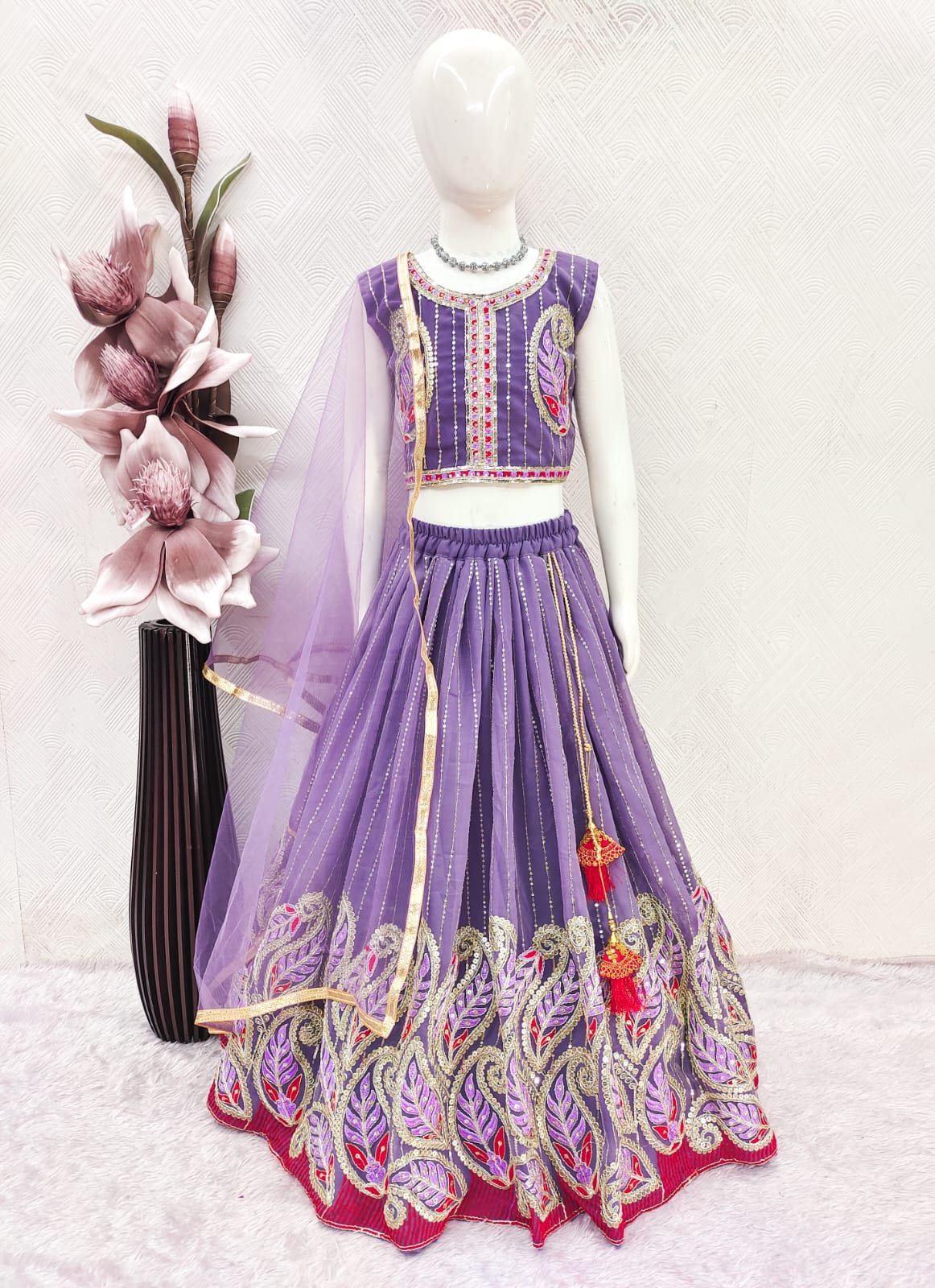 Girls Lavender & Off White Georgette Embroidered Lehenga Choli Set
