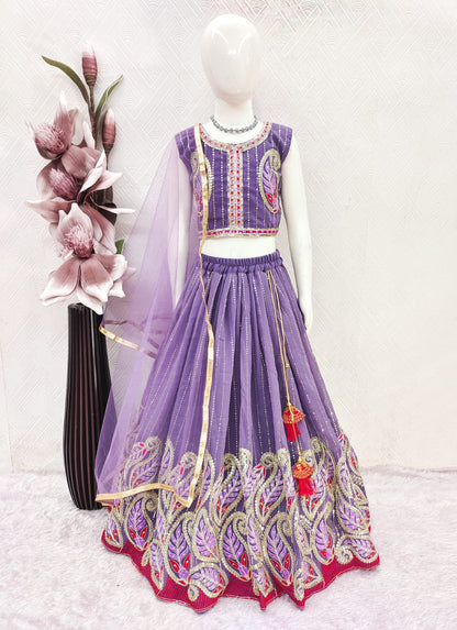 Girls Lavender & Off White Georgette Embroidered Lehenga Choli Set