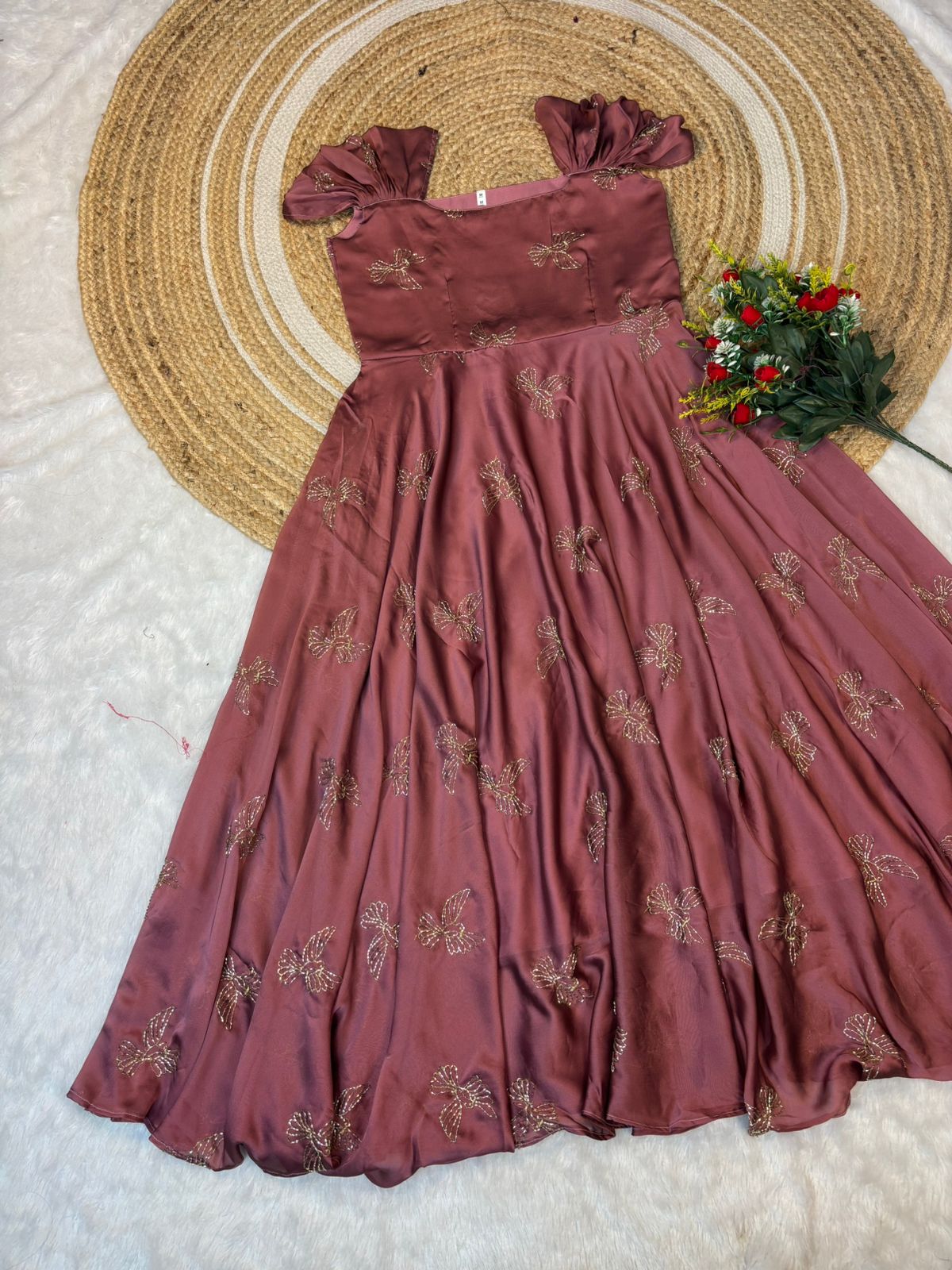 Premium Rangoli Silk Sparrow Beads Aari Work Maxi Gown