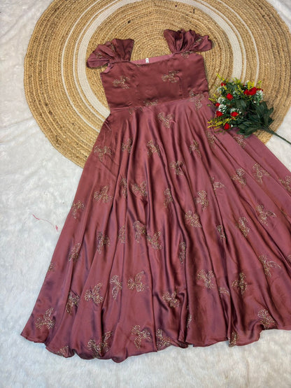 Premium Rangoli Silk Sparrow Beads Aari Work Maxi Gown