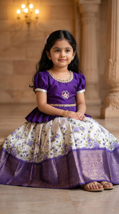 Little Kids Soft Silk Lehenga Choli with Zari Lace and Flower Net Work