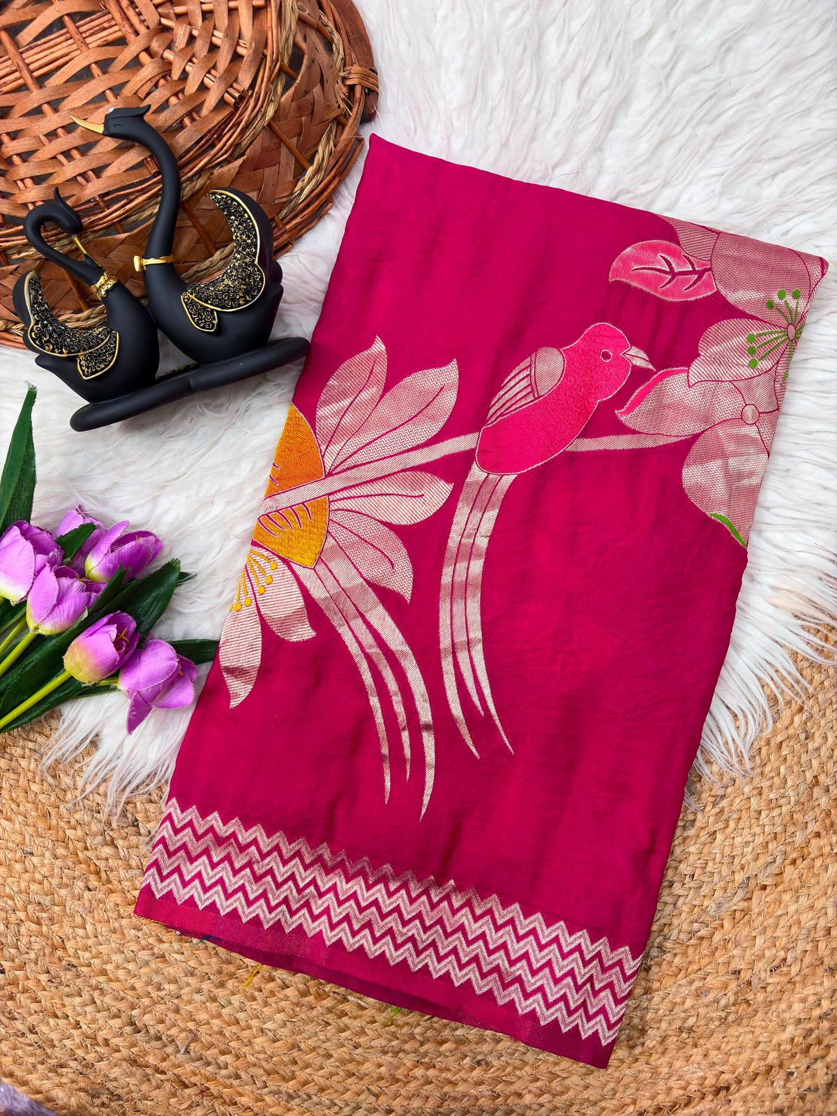 Khadi Crepe Silk Hand-Dyed Saree with Bird Motifs and Fancy Latkans
