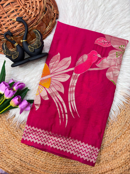 Khadi Crepe Silk Hand-Dyed Saree with Bird Motifs and Fancy Latkans