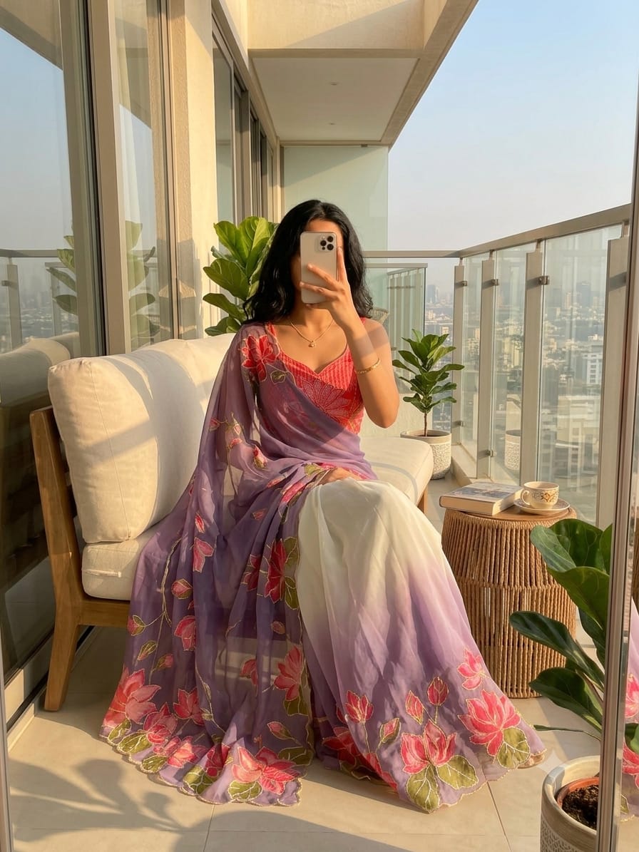 TeBy Silk Floral Digital Print Saree with Cutdana Khatli Work