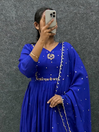 Handwork Vichitra Silk Anarkali Gown with Sequence Work Dupatta