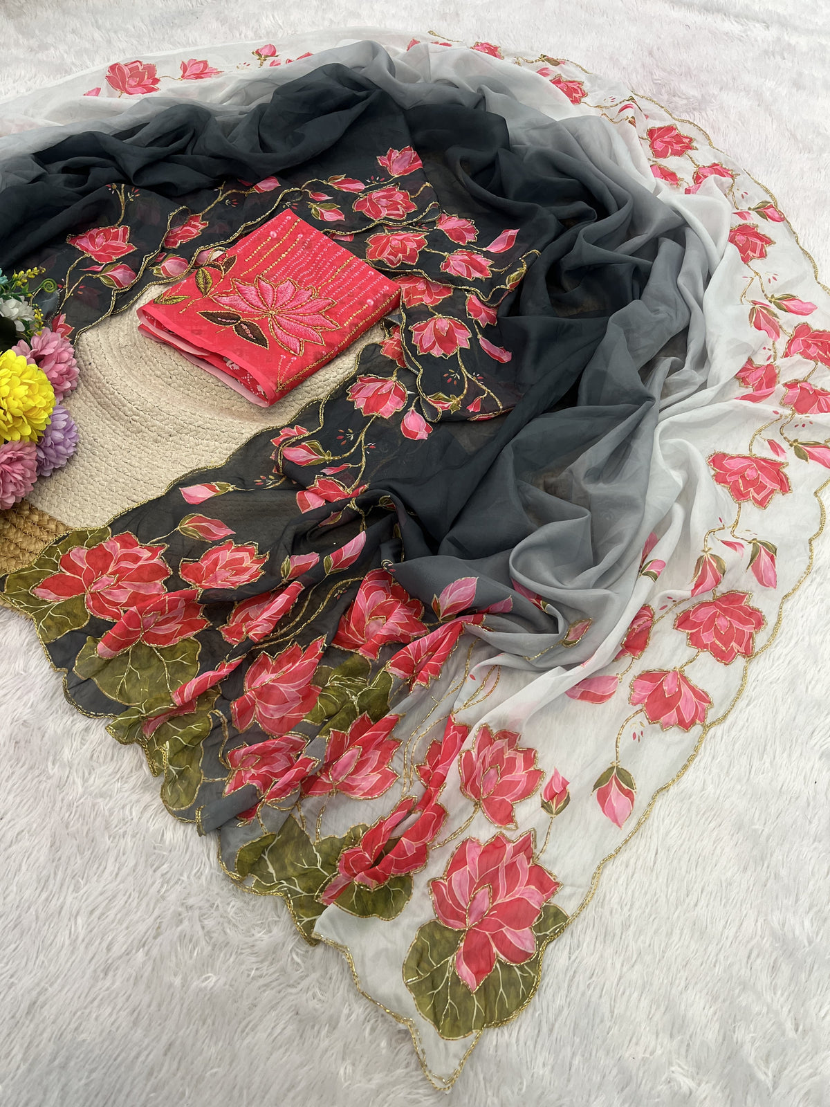 TeBy Silk Floral Digital Print Saree with Cutdana Khatli Work