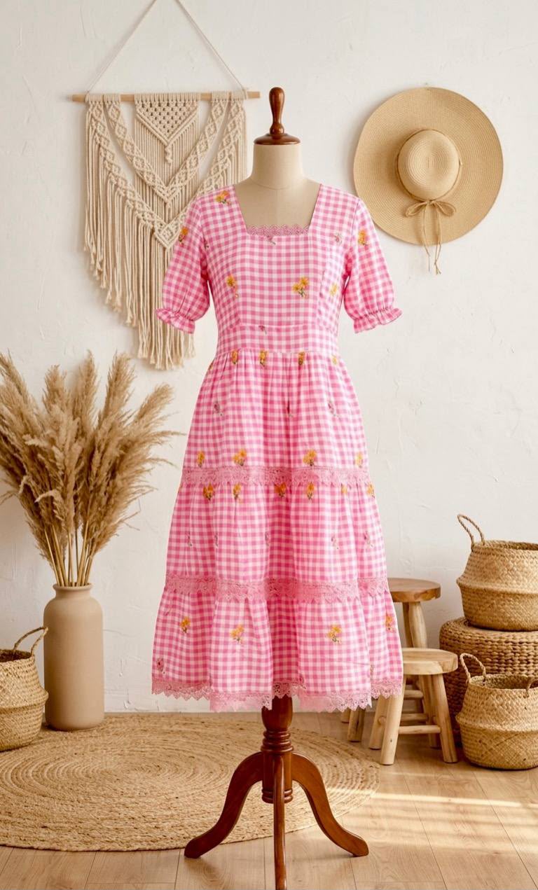 Soft Cotton Checked Print Maxi Dress with Floral Details