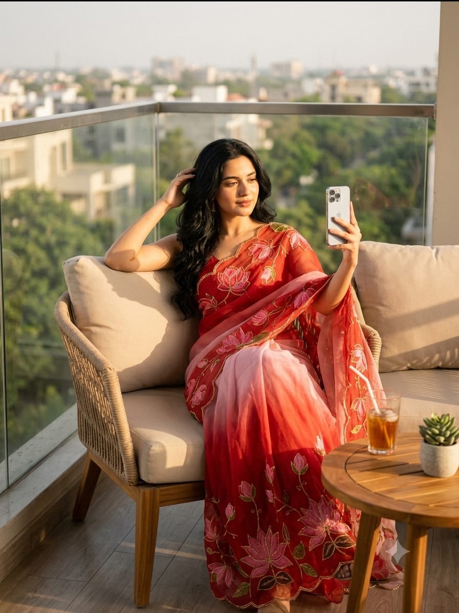 TeBy Silk Floral Digital Print Saree with Cutdana Khatli Work