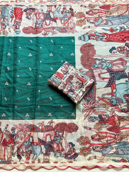 Madhubani Folk Art Printed Kota Chex Saree with Arco Cutwork Border