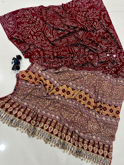 Pure Arjakh Satin Viscose Silk Saree with Designer Print, Mirror Work and Designer Blouse
