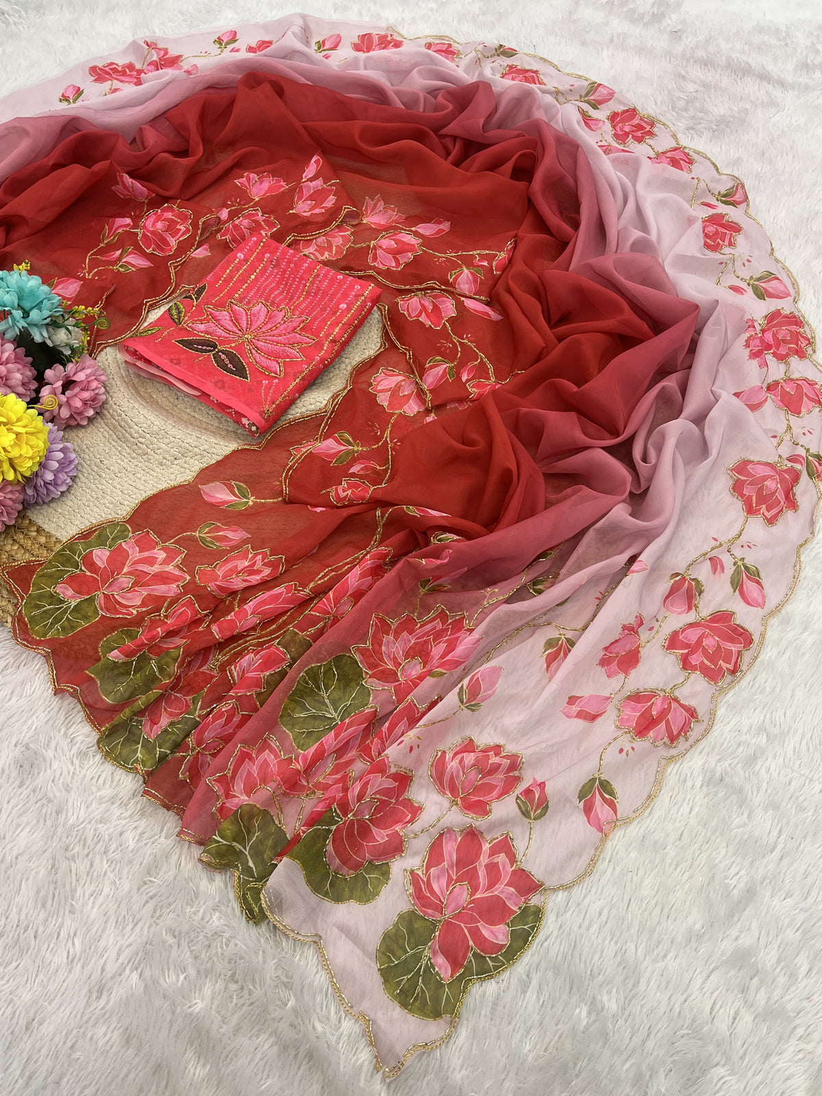 TeBy Silk Floral Digital Print Saree with Cutdana Khatli Work