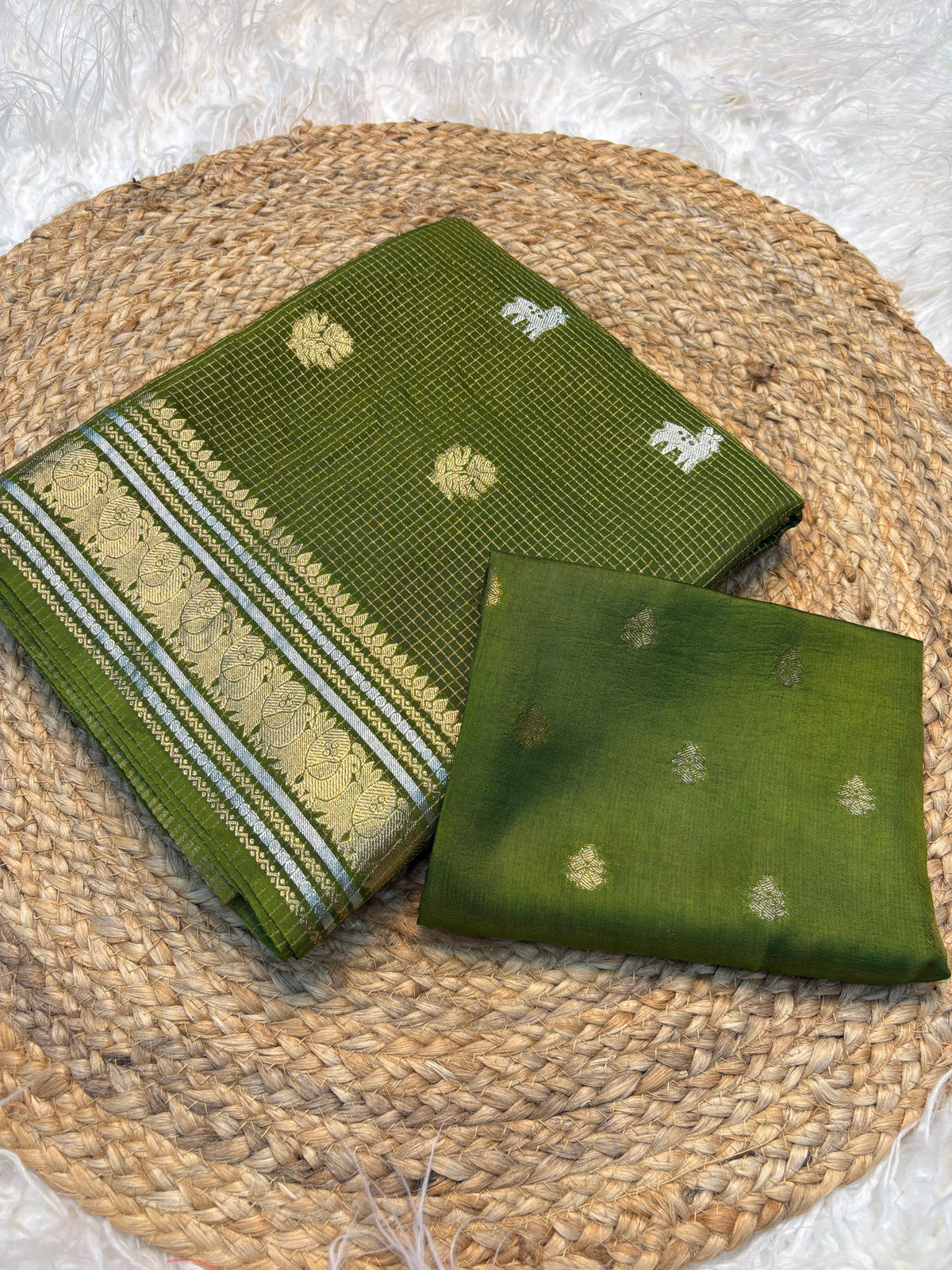 Golden Silver Pure Russian Dola Saree with Zari Peacock & Deer Weaving and Viscose Blouse