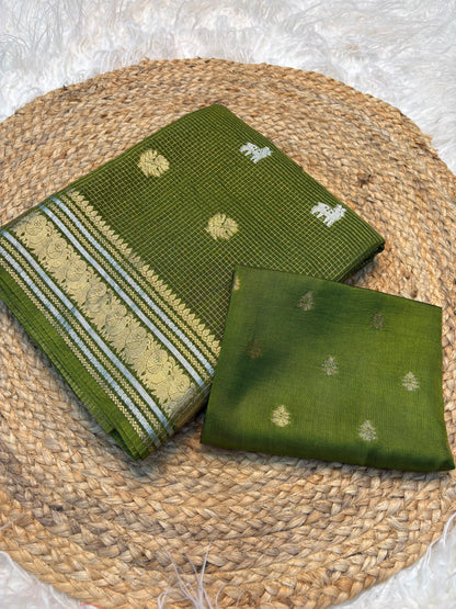Golden Silver Pure Russian Dola Saree with Zari Peacock & Deer Weaving and Viscose Blouse