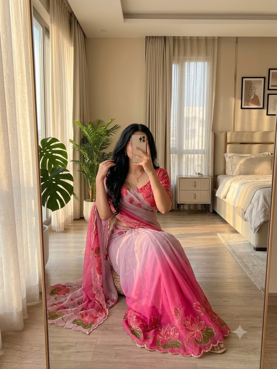 TeBy Silk Floral Digital Print Saree with Cutdana Khatli Work