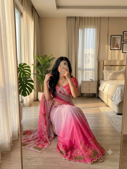TeBy Silk Floral Digital Print Saree with Cutdana Khatli Work