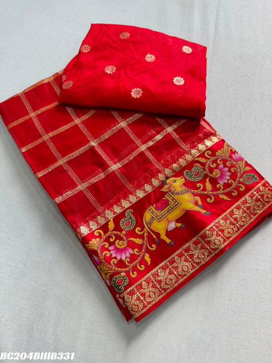 Viscose Georgette 3D Print Border Saree with Running Weaving Butti Blouse