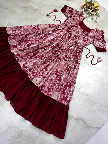 Traditional Kalamkari Vichithra Silk Frock with Contrast Colour Fusion