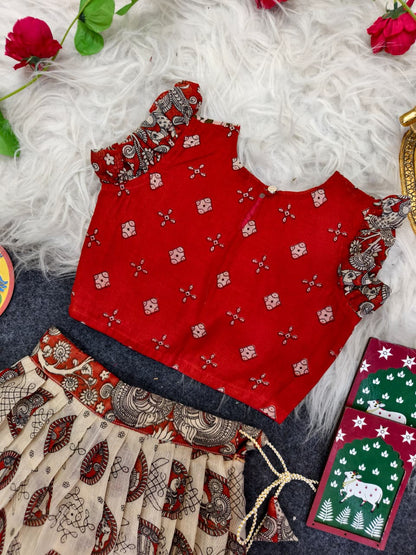Girls Linen Blend Skirt Set with Contrast Motif Design