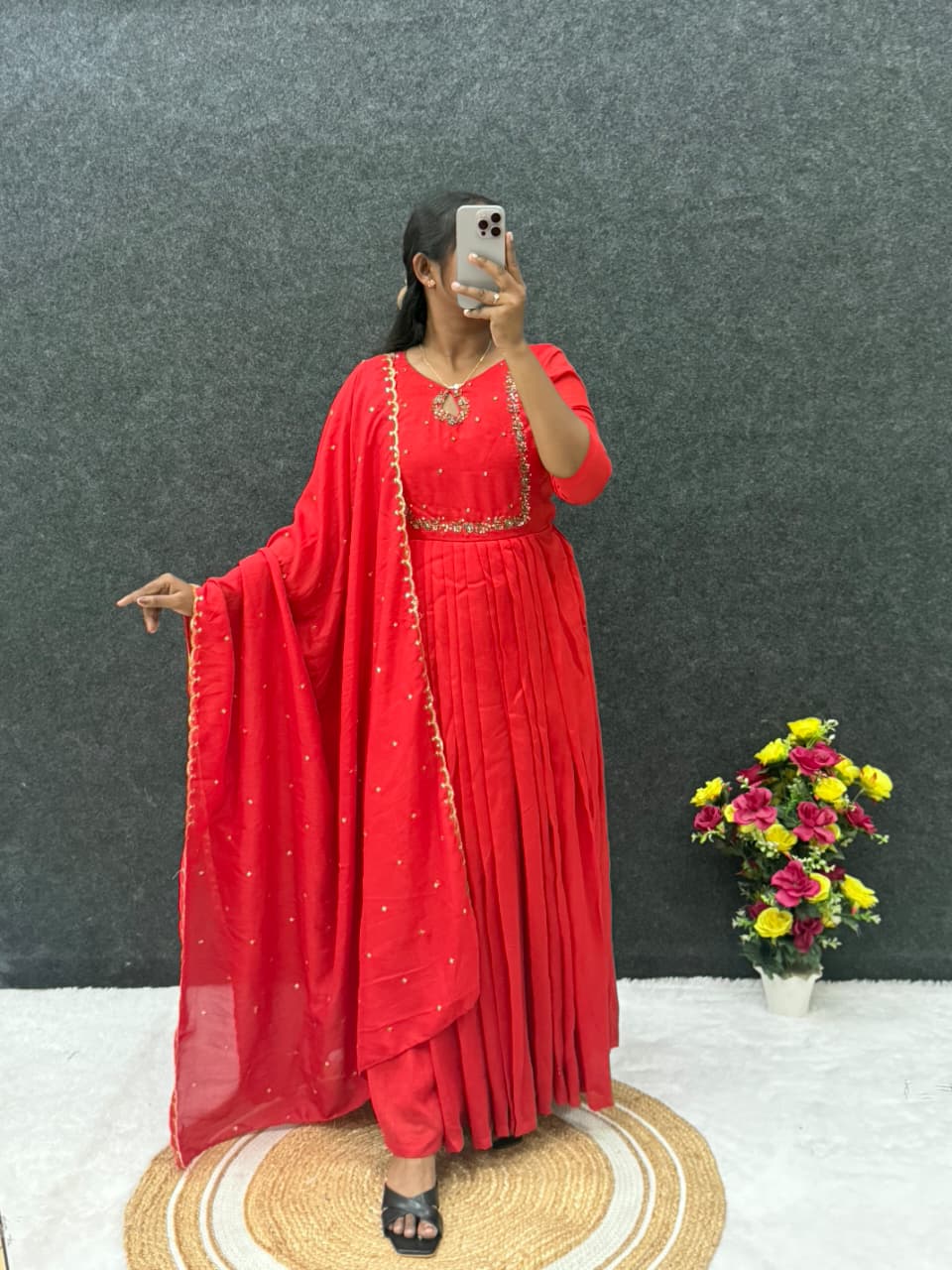 Handwork Vichitra Silk Anarkali Gown with Sequence Work Dupatta