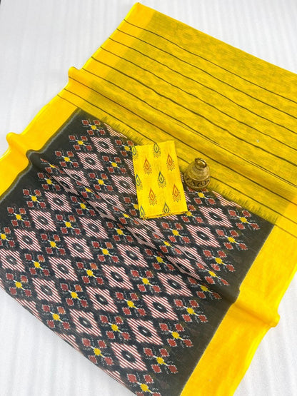 Mangalya Plain Linen Digital Print Saree with Digital Blouse