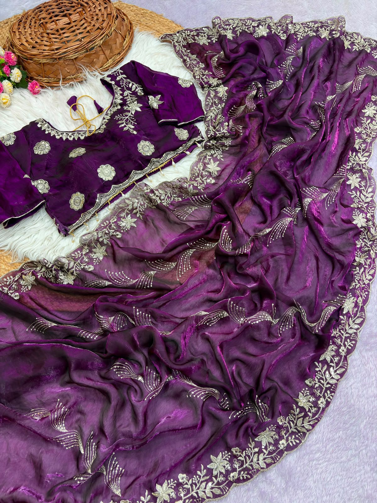 Riwaz Fendy Satin Saree with Sequin Embroidery and Heavy Border