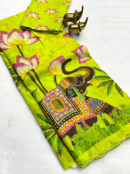 Vamika Soft Chanderi Cotton Floral Digital Print Saree with Aari Work Border
